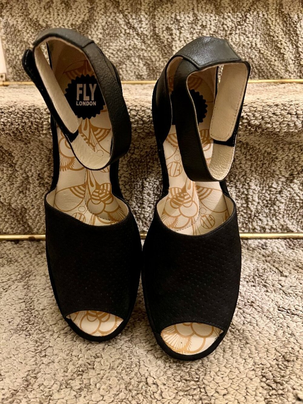 Fly London Yula Black Perforated Suede Wedge Sandals Shoes 42 or 10.5 - 11 - Picture 6 of 9